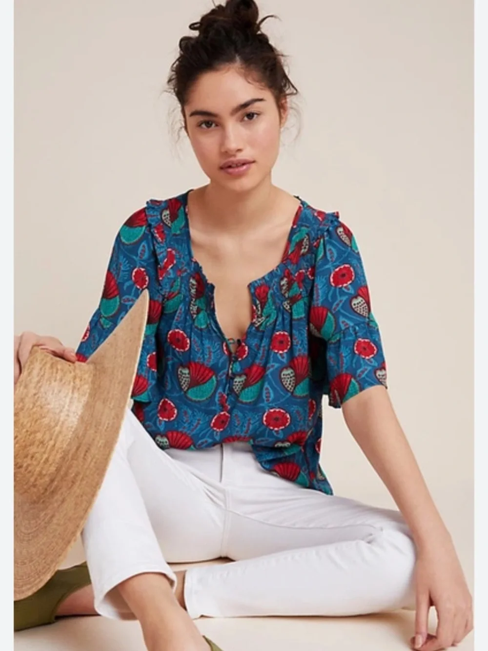 Anthro Maeve Letitia Smocked Floral Blouse Blue Ruffle Top Size Small - Picture 1 of 15